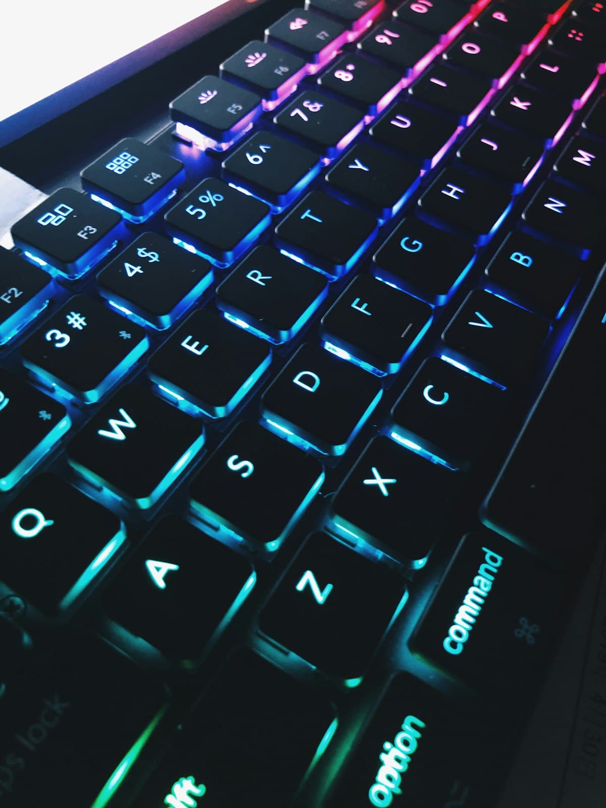 Backlit keyboard in low light, close up