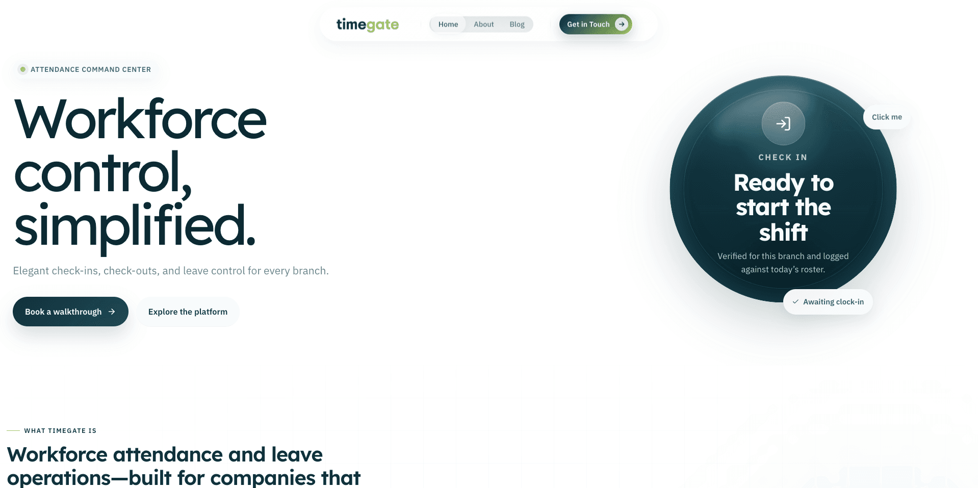 Timegate SaaS productivity website hero on desktop